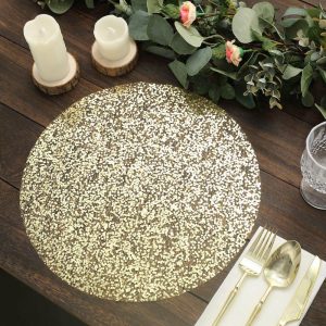 Acrylic & Glass Chargers |  10 Pack 13″ Metallic Gold Sequin Mesh Table Placemats, Round Sparkly Dust Free Sequin Dining Mats