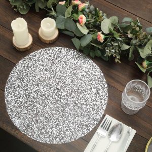 Acrylic & Glass Chargers |  10 Pack 13″ Metallic Silver Sequin Mesh Table Placemats, Round Sparkly Dust Free Sequin Dining Mats