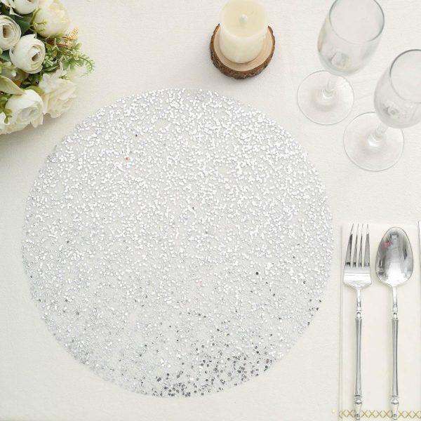 Acrylic & Glass Chargers |  10 Pack 13″ Metallic Silver Sequin Mesh Table Placemats, Round Sparkly Dust Free Sequin Dining Mats