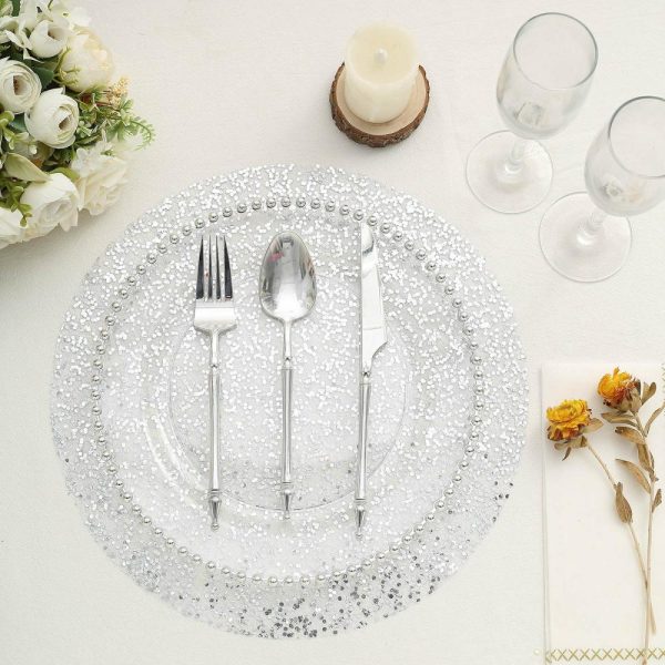 Acrylic & Glass Chargers |  10 Pack 13″ Metallic Silver Sequin Mesh Table Placemats, Round Sparkly Dust Free Sequin Dining Mats