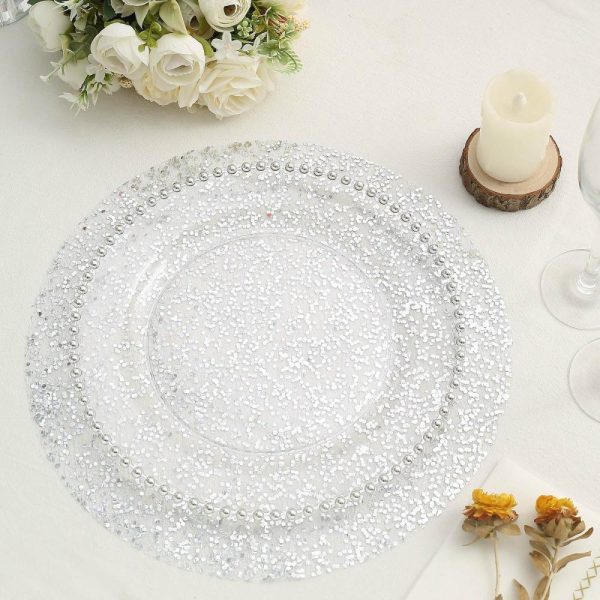 Acrylic & Glass Chargers |  10 Pack 13″ Metallic Silver Sequin Mesh Table Placemats, Round Sparkly Dust Free Sequin Dining Mats