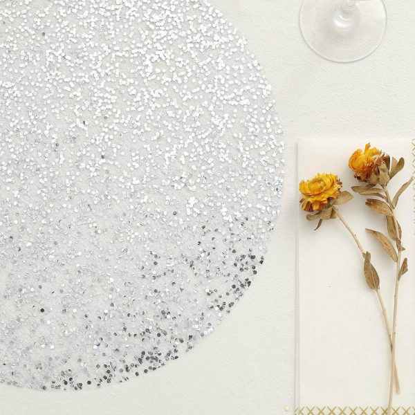 Acrylic & Glass Chargers |  10 Pack 13″ Metallic Silver Sequin Mesh Table Placemats, Round Sparkly Dust Free Sequin Dining Mats