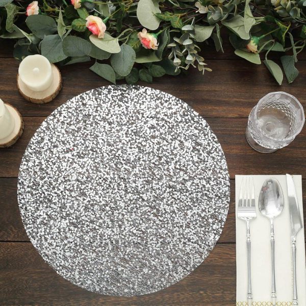 Acrylic & Glass Chargers |  10 Pack 13″ Metallic Silver Sequin Mesh Table Placemats, Round Sparkly Dust Free Sequin Dining Mats