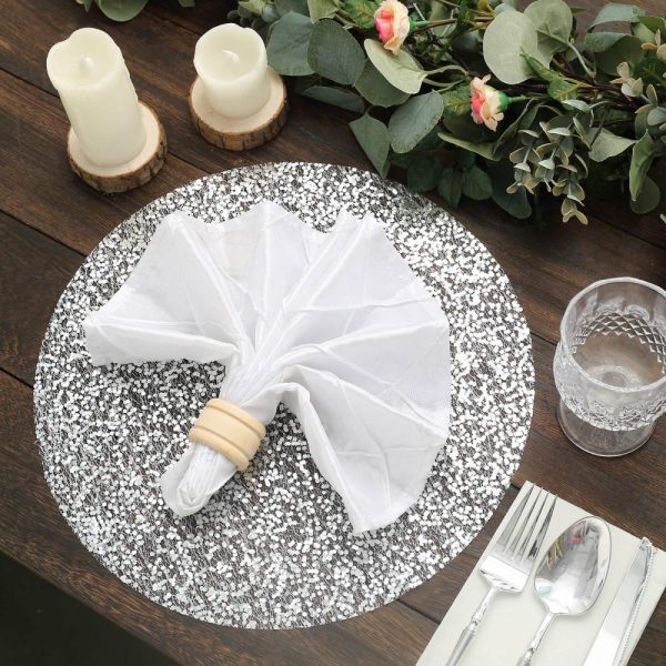 Acrylic & Glass Chargers |  10 Pack 13″ Metallic Silver Sequin Mesh Table Placemats, Round Sparkly Dust Free Sequin Dining Mats