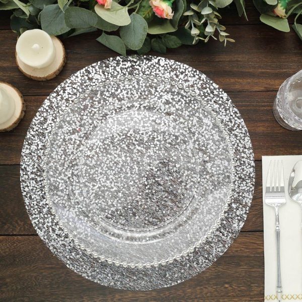 Acrylic & Glass Chargers |  10 Pack 13″ Metallic Silver Sequin Mesh Table Placemats, Round Sparkly Dust Free Sequin Dining Mats