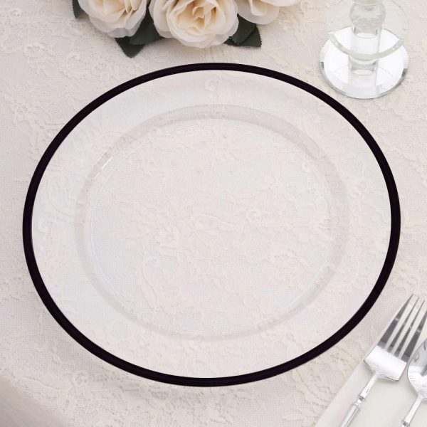 Acrylic & Glass Chargers |  10 Pack Clear Economy Plastic Charger Plates With Black Rim, 12″ Round Dinner Chargers Event Tabletop Decor