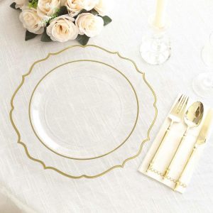 Acrylic & Glass Chargers |  10 Pack Clear Economy Plastic Charger Plates With Gold Scalloped Rim, 13″ Round Decorative Dinner Chargers Event Tabletop Decor