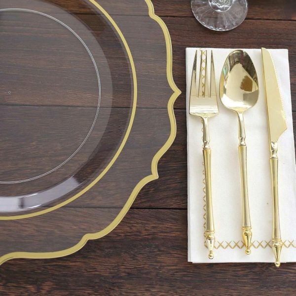 Acrylic & Glass Chargers |  10 Pack Clear Economy Plastic Charger Plates With Gold Scalloped Rim, 13″ Round Decorative Dinner Chargers Event Tabletop Decor