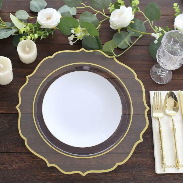 Acrylic & Glass Chargers |  10 Pack Clear Economy Plastic Charger Plates With Gold Scalloped Rim, 13″ Round Decorative Dinner Chargers Event Tabletop Decor