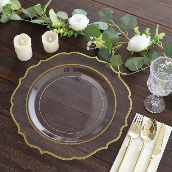 Acrylic & Glass Chargers |  10 Pack Clear Economy Plastic Charger Plates With Gold Scalloped Rim, 13″ Round Decorative Dinner Chargers Event Tabletop Decor