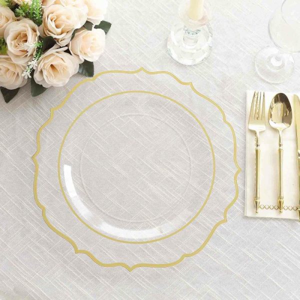 Acrylic & Glass Chargers |  10 Pack Clear Economy Plastic Charger Plates With Gold Scalloped Rim, 13″ Round Decorative Dinner Chargers Event Tabletop Decor