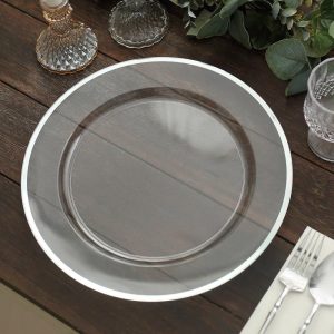 Acrylic & Glass Chargers |  10 Pack Clear Economy Plastic Charger Plates With Silver Rim, 12″ Round Dinner Chargers Event Tabletop Decor