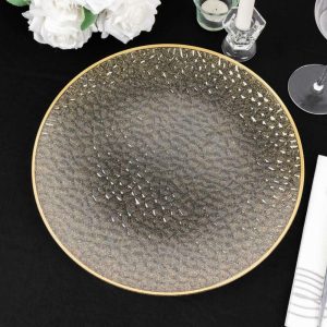 Acrylic & Glass Chargers |  10 Pack Clear Hammered Economy Plastic Charger Plates With Glitter Gold Rim, 13″ Round Dinner Chargers Event Tabletop Decor