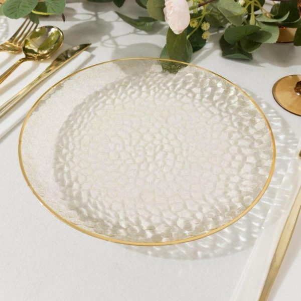 Acrylic & Glass Chargers |  10 Pack Clear Hammered Economy Plastic Charger Plates With Glitter Gold Rim, 13″ Round Dinner Chargers Event Tabletop Decor