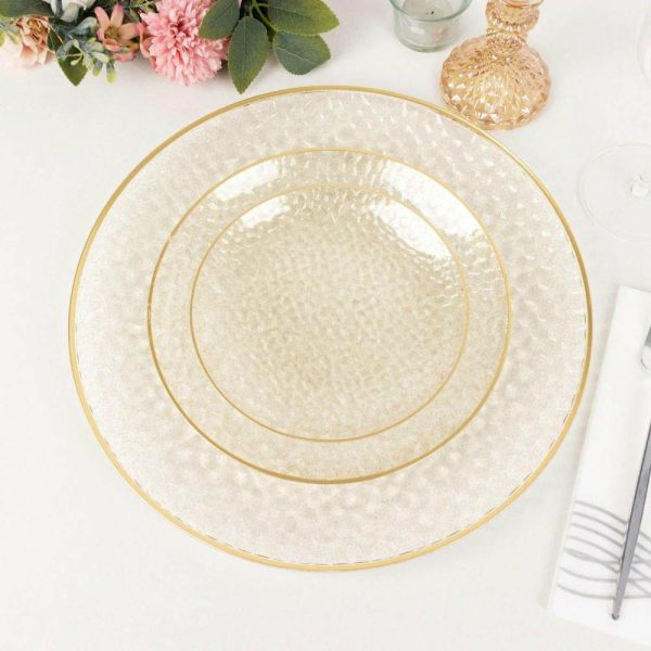 Acrylic & Glass Chargers |  10 Pack Clear Hammered Economy Plastic Charger Plates With Glitter Gold Rim, 13″ Round Dinner Chargers Event Tabletop Decor