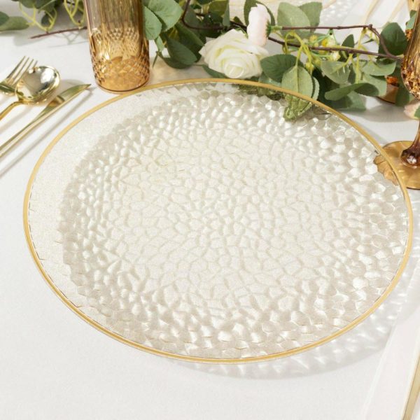 Acrylic & Glass Chargers |  10 Pack Clear Hammered Economy Plastic Charger Plates With Glitter Gold Rim, 13″ Round Dinner Chargers Event Tabletop Decor