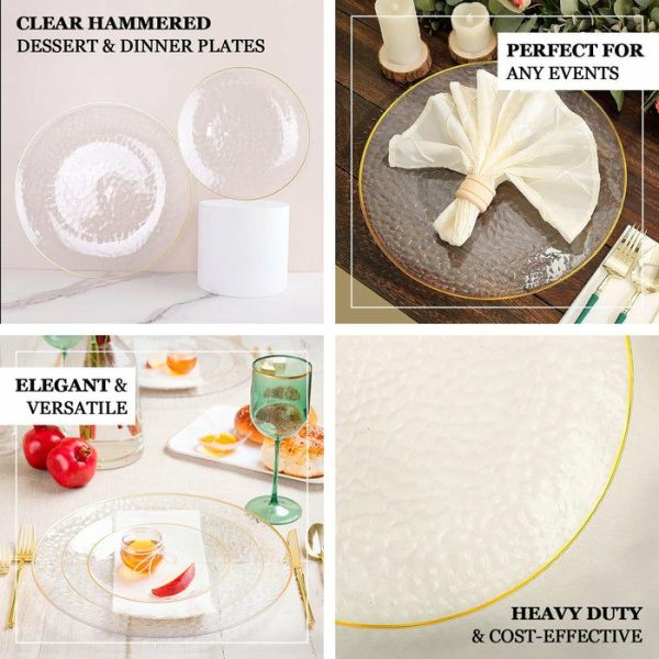 Acrylic & Glass Chargers |  10 Pack Clear Hammered Economy Plastic Charger Plates With Glitter Gold Rim, 13″ Round Dinner Chargers Event Tabletop Decor