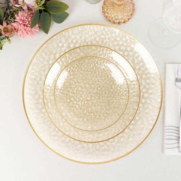 Acrylic & Glass Chargers |  10 Pack Clear Hammered Economy Plastic Charger Plates With Glitter Gold Rim, 13″ Round Dinner Chargers Event Tabletop Decor