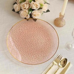 Acrylic & Glass Chargers |  10 Pack Transparent Blush Hammered Economy Plastic Charger Plates With Gold Rim, 13″ Round Dinner Chargers Event Tabletop Decor