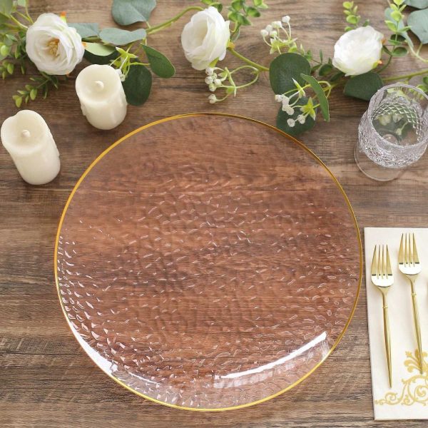 Acrylic & Glass Chargers |  10 Pack Transparent Blush Hammered Economy Plastic Charger Plates With Gold Rim, 13″ Round Dinner Chargers Event Tabletop Decor