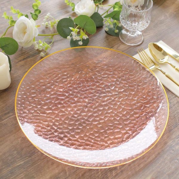 Acrylic & Glass Chargers |  10 Pack Transparent Blush Hammered Economy Plastic Charger Plates With Gold Rim, 13″ Round Dinner Chargers Event Tabletop Decor