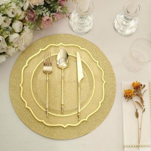 Acrylic & Glass Chargers |  20 Pack 13″ Gold Glitter Round Disposable Dining Placemats, Decorative Paper Table Mats – 210 GSM