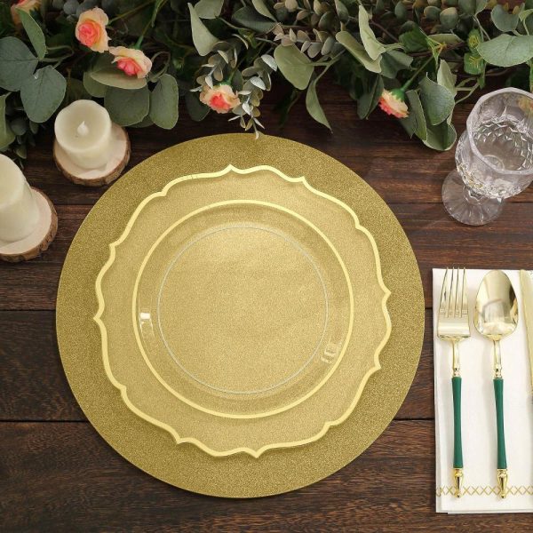 Acrylic & Glass Chargers |  20 Pack 13″ Gold Glitter Round Disposable Dining Placemats, Decorative Paper Table Mats – 210 GSM