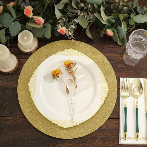 Acrylic & Glass Chargers |  20 Pack 13″ Gold Glitter Round Disposable Dining Placemats, Decorative Paper Table Mats – 210 GSM