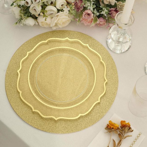 Acrylic & Glass Chargers |  20 Pack 13″ Gold Glitter Round Disposable Dining Placemats, Decorative Paper Table Mats – 210 GSM