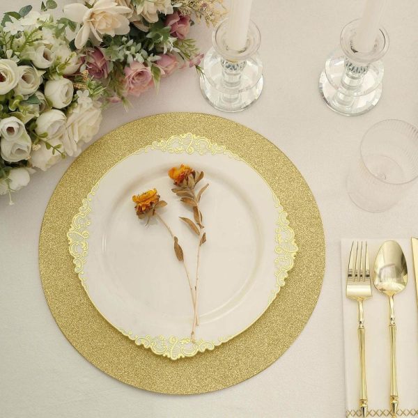 Acrylic & Glass Chargers |  20 Pack 13″ Gold Glitter Round Disposable Dining Placemats, Decorative Paper Table Mats – 210 GSM