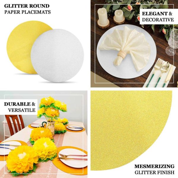 Acrylic & Glass Chargers |  20 Pack 13″ Gold Glitter Round Disposable Dining Placemats, Decorative Paper Table Mats – 210 GSM