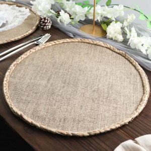 Acrylic & Glass Chargers |  4 Pack 15″ Round Natural Rustic Burlap Jute Placemats Braided Edges, Farmhouse Placemats with Trim