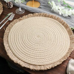 Acrylic & Glass Chargers |  4 Pack 15″ Round Natural Rustic Burlap Jute Placemats Fringed Edges, Farmhouse Placemats with Trim