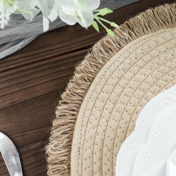 Acrylic & Glass Chargers |  4 Pack 15″ Round Natural Rustic Burlap Jute Placemats Fringed Edges, Farmhouse Placemats with Trim