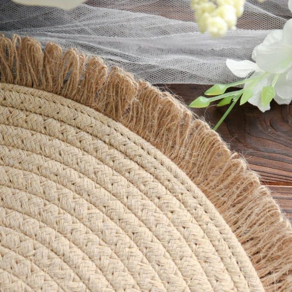 Acrylic & Glass Chargers |  4 Pack 15″ Round Natural Rustic Burlap Jute Placemats Fringed Edges, Farmhouse Placemats with Trim