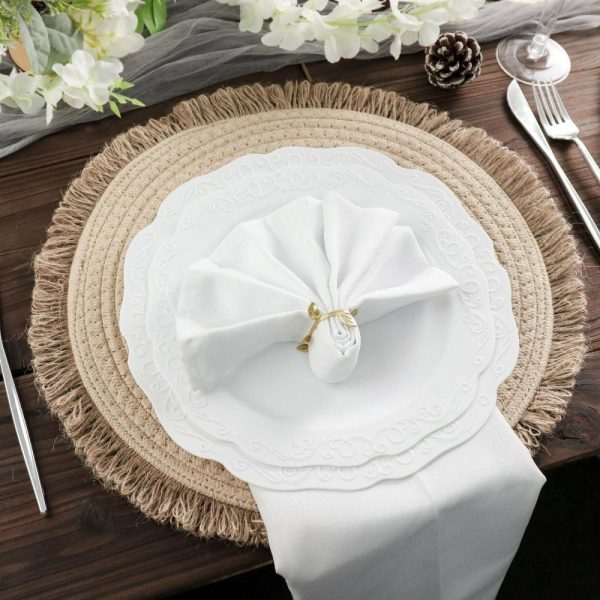 Acrylic & Glass Chargers |  4 Pack 15″ Round Natural Rustic Burlap Jute Placemats Fringed Edges, Farmhouse Placemats with Trim