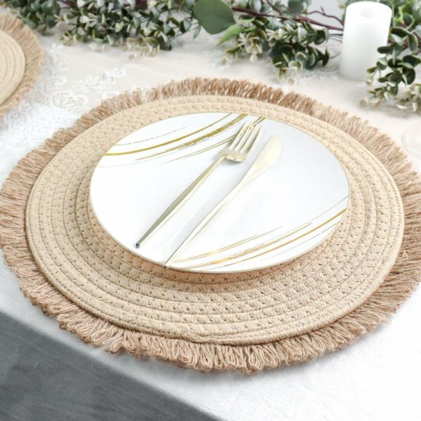 Acrylic & Glass Chargers |  4 Pack 15″ Round Natural Rustic Burlap Jute Placemats Fringed Edges, Farmhouse Placemats with Trim