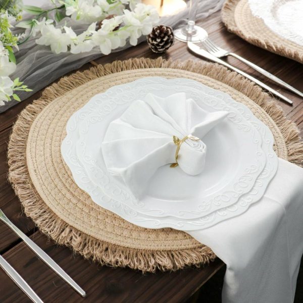 Acrylic & Glass Chargers |  4 Pack 15″ Round Natural Rustic Burlap Jute Placemats Fringed Edges, Farmhouse Placemats with Trim