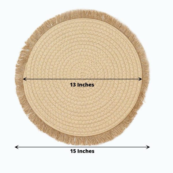 Acrylic & Glass Chargers |  4 Pack 15″ Round Natural Rustic Burlap Jute Placemats Fringed Edges, Farmhouse Placemats with Trim