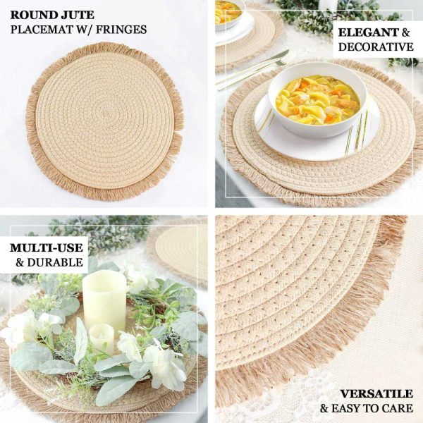 Acrylic & Glass Chargers |  4 Pack 15″ Round Natural Rustic Burlap Jute Placemats Fringed Edges, Farmhouse Placemats with Trim