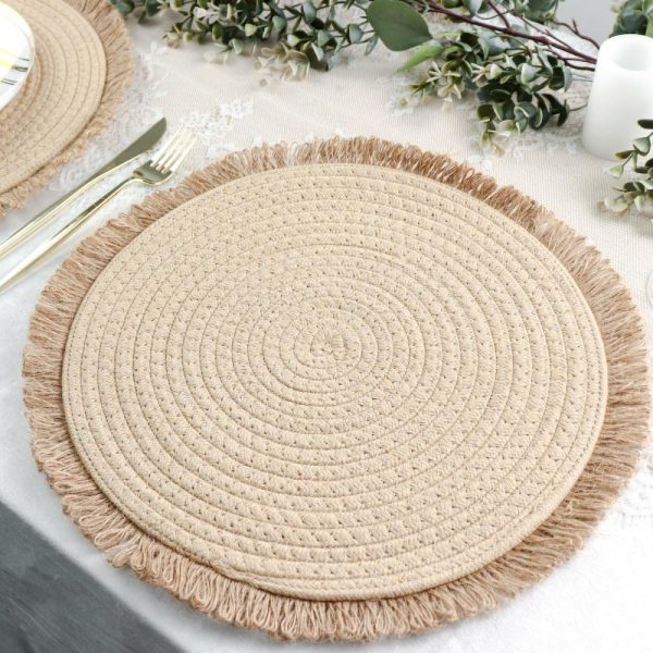 Acrylic & Glass Chargers |  4 Pack 15″ Round Natural Rustic Burlap Jute Placemats Fringed Edges, Farmhouse Placemats with Trim