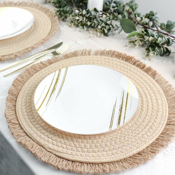 Acrylic & Glass Chargers |  4 Pack 15″ Round Natural Rustic Burlap Jute Placemats Fringed Edges, Farmhouse Placemats with Trim