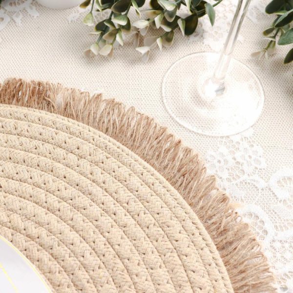 Acrylic & Glass Chargers |  4 Pack 15″ Round Natural Rustic Burlap Jute Placemats Fringed Edges, Farmhouse Placemats with Trim