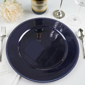 Acrylic & Glass Chargers |  6 Pack 13″ Beaded Navy Blue Acrylic Charger Plate, Plastic Round Dinner Charger Event Tabletop Decor