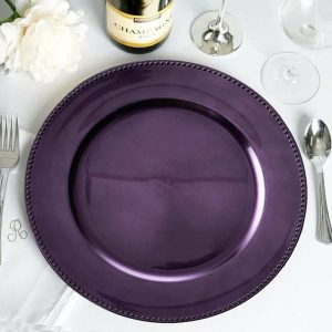 Acrylic & Glass Chargers |  6 Pack 13″ Beaded Purple Acrylic Charger Plate, Plastic Round Dinner Charger Event Tabletop Decor