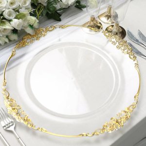 Acrylic & Glass Chargers |  6 Pack 13″ Clear Gold Embossed Baroque Round Charger Plates With Antique Design Rim