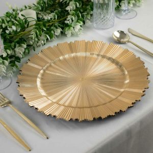 Acrylic & Glass Chargers |  6 Pack 13″ Metallic Gold Sunray Acrylic Plastic Charger Plates, Round Scalloped Rim Disposable Serving Trays