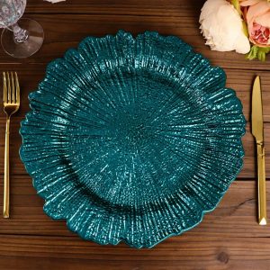 Acrylic & Glass Chargers |  6 Pack 13″ Peacock Teal Round Reef Acrylic Plastic Charger Plates, Dinner Charger Plates