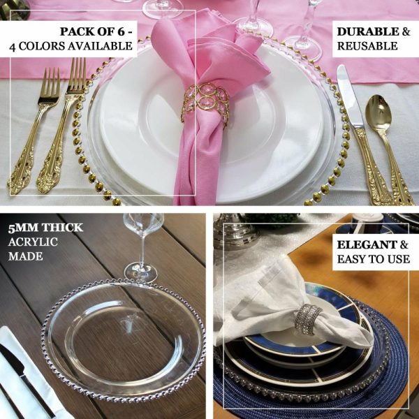 Acrylic & Glass Chargers |  6 Pack 13″ Rose Gold Acrylic Plastic Beaded Rim Charger Plates