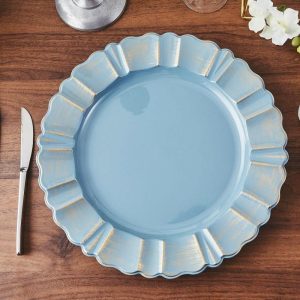 Acrylic & Glass Chargers |  6 Pack 13″ Round Dusty Blue Acrylic Plastic Charger Plates With Gold Brushed Wavy Scalloped Rim